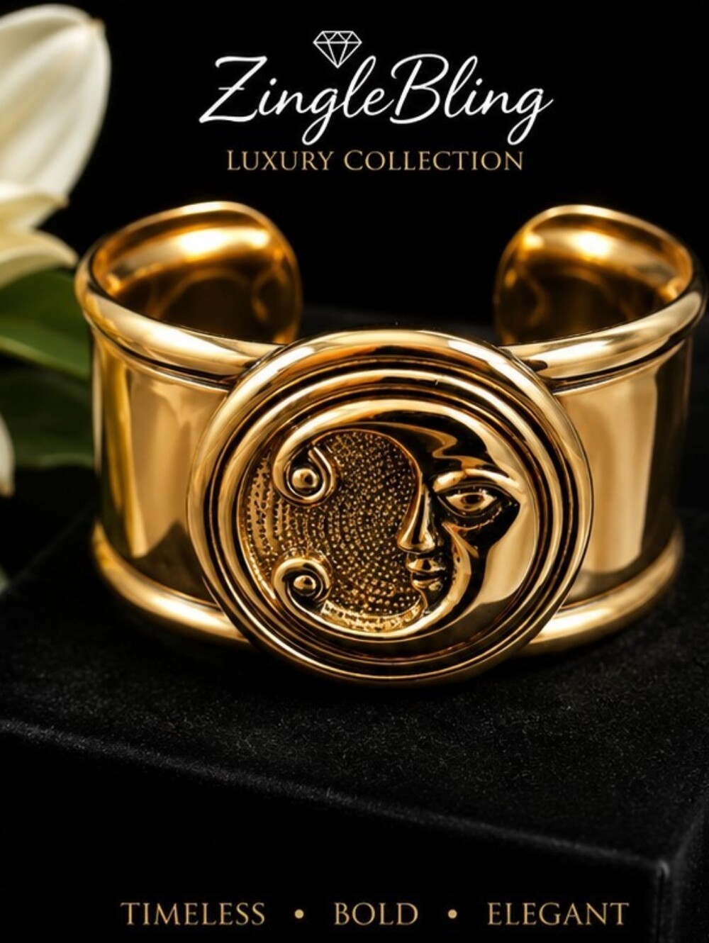 Vintage 1998 Gold Tone Moon Face Cuff Bracelet Modernist Celestial Wide